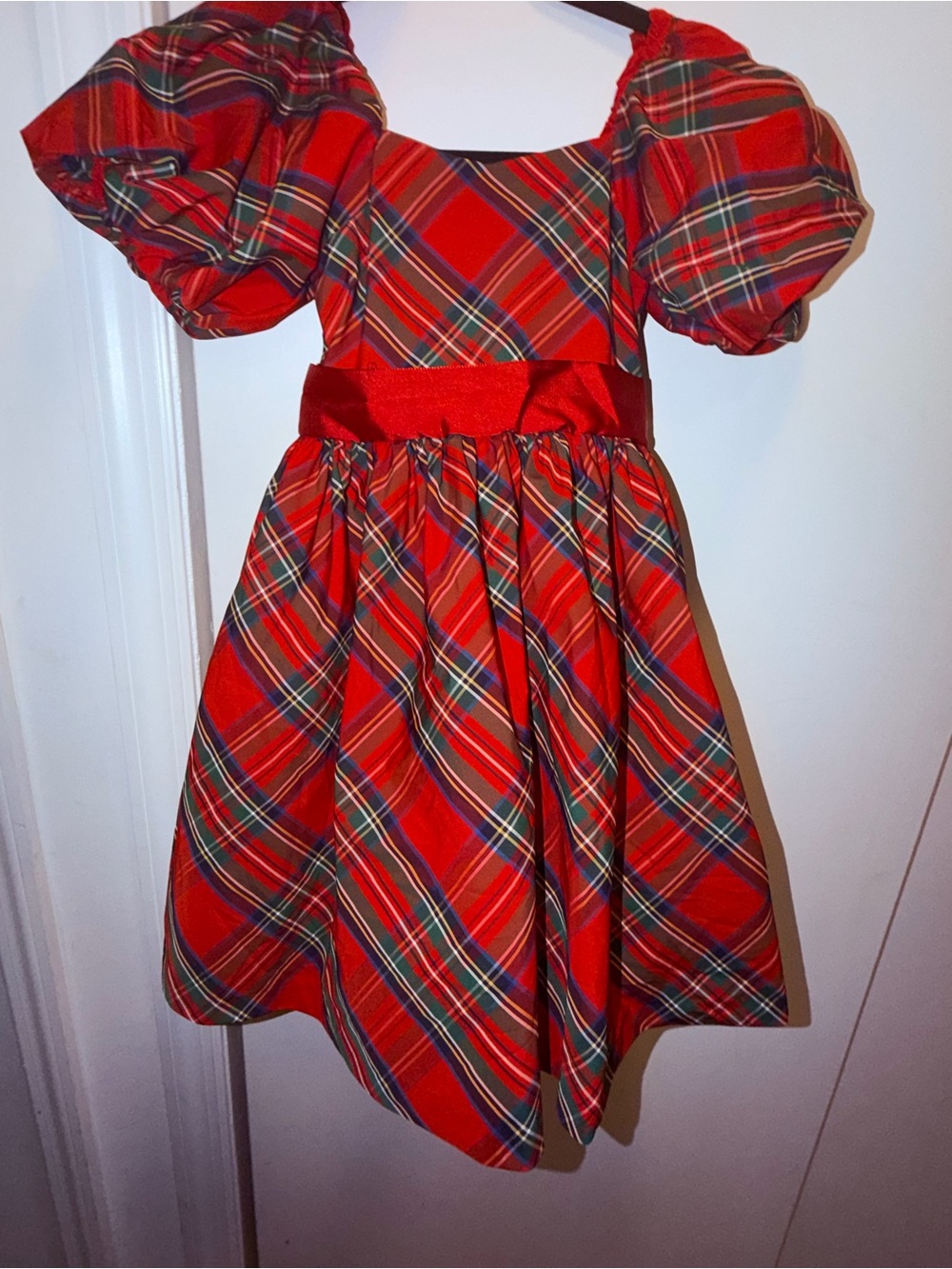 Janie and Jack Red Tartan Plaid Holiday Dress with Puff Sleeves